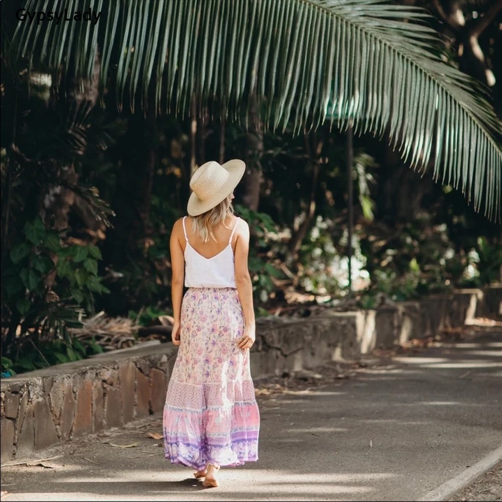 Boho Gypsy Floral Print Maxi Skirt Purple Pink - Picture 6 of 12